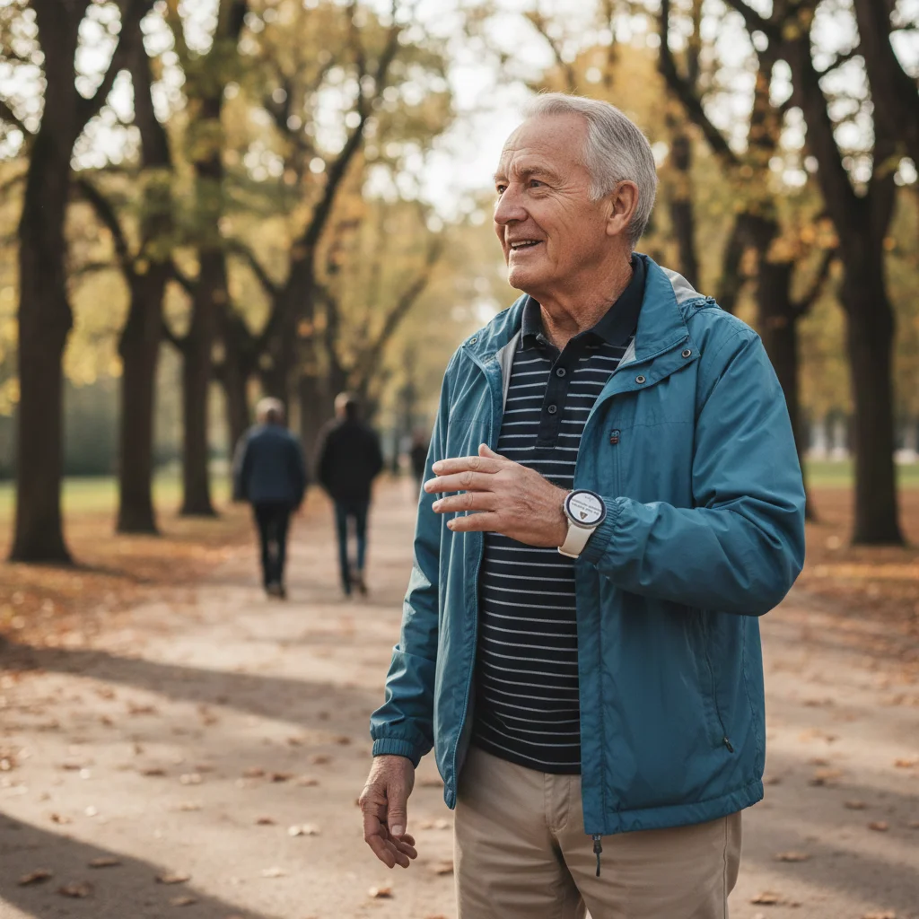 Senior mit ADELE Smartwatch draußen den ganzen Tag