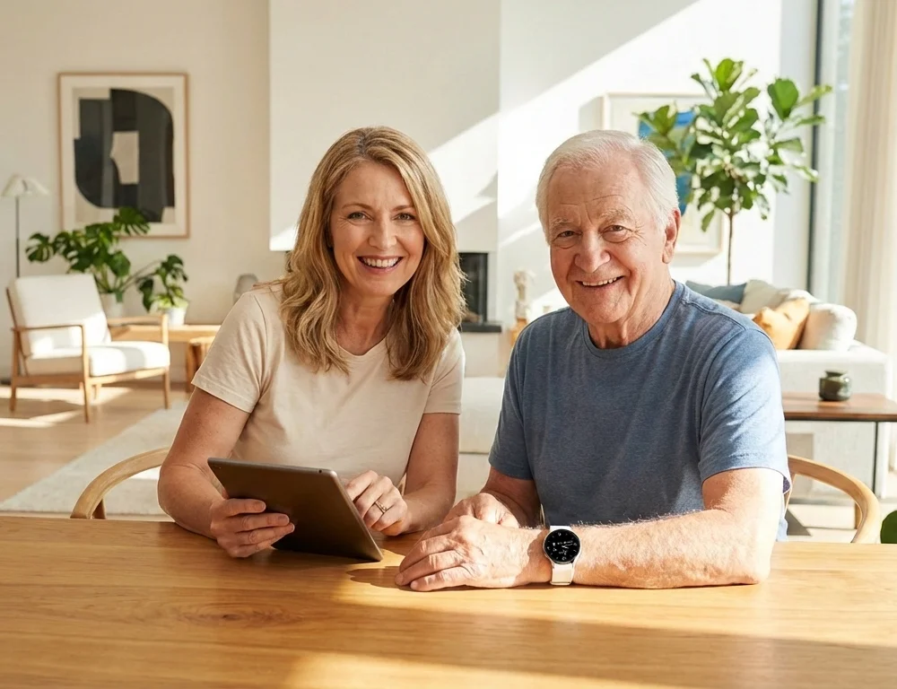 Elternteil mit Notrufuhr zusammen mit der Tochter