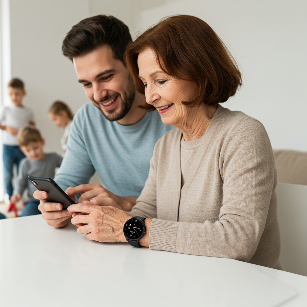 Mutter bespricht mit ihrem son die neue Notrufuhr ADELE