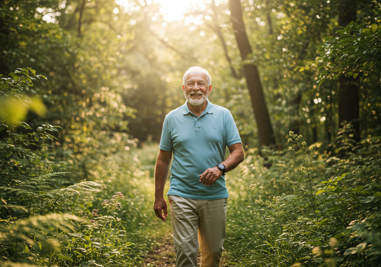 Senior wandert durch den Wald mit Notrufuhr